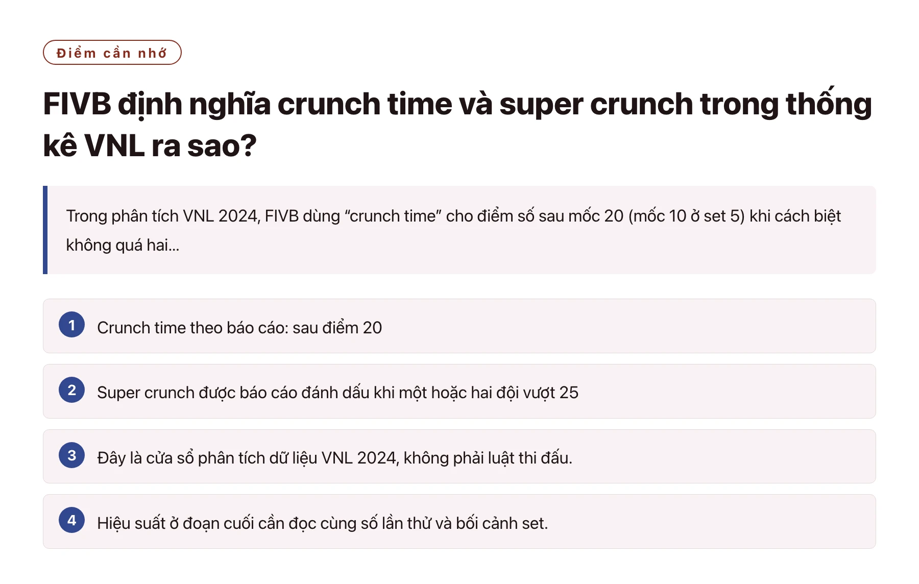 FIVB định nghĩa crunch time và super crunch trong thống kê VNL ra sao?——全文要点速览